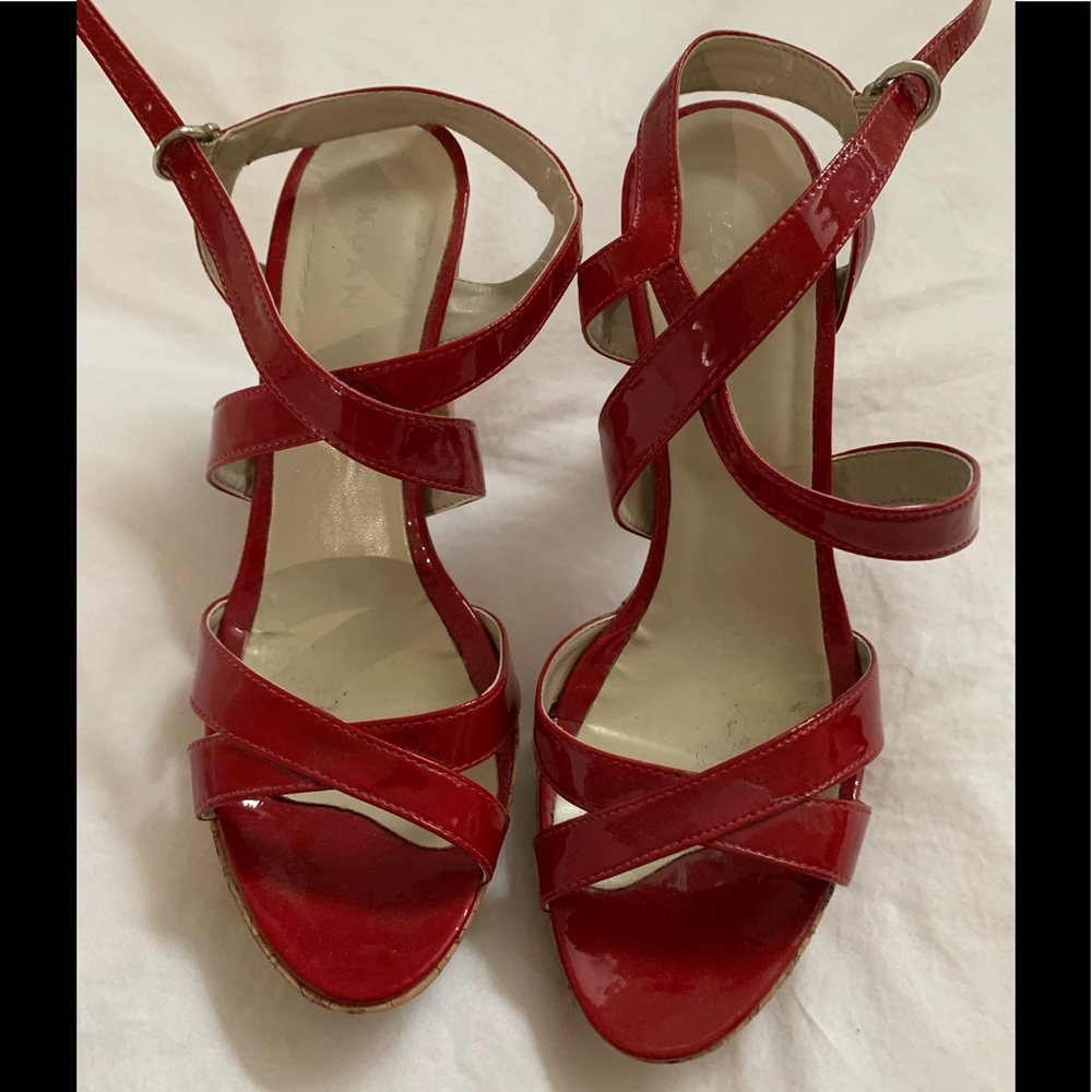 Red leather cork heel and platform shoe